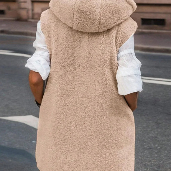 Light Camel Casual Women's Reversible Sleeveless Hooded Wool Vest Jacket - Picture 4 of 6